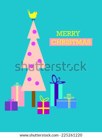 Five gifts under a pink christmas tree with a yellow bird on top and merry christmas message. Turquoise background.