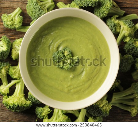 Top view of a broccoli soup in a white bowl