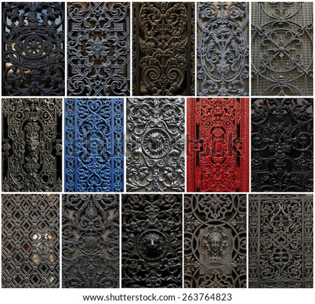 Collage of different decorative metal window in Paris.