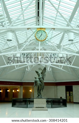MONTREAL, CANADA,  JULY 23, 2015:  Central Station is the major inter-city rail station. The station is adorned with art deco bas-relief friezes on its interior and exterior.