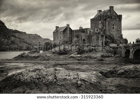 Eilean Donan Castle In Black And White At Low Tide In The Highlands 