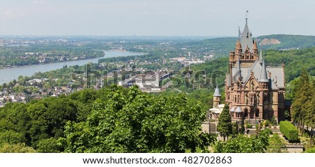 Drachenburg Castle overlooking the river Rhine and the city of Bonn