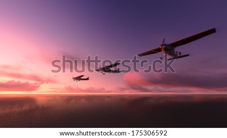 The plane was flying over the ocean on sunset
