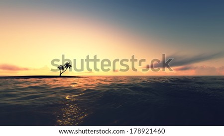 sunset in the sea with ocean wave and palm.