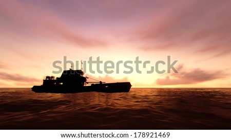 Ship in the ocean wave with sunset.