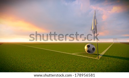 Soccer ball and goal on the football field at sunset.