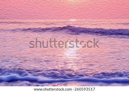 Sunrise on the beach with wave of sea in affect paper of oil paint