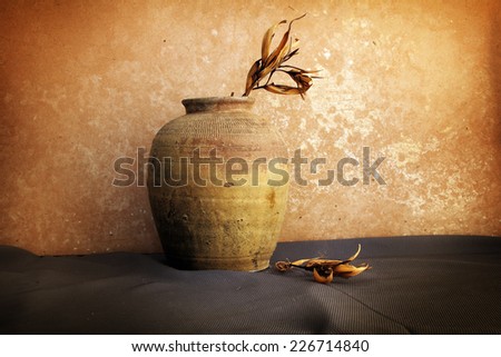 Still life with dried flowers in clay jar