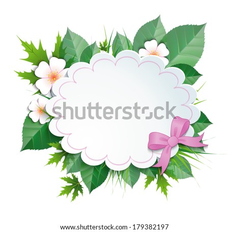 Frame for text in a vintage style with a ribbon against the background leaves and flowers white background. Spring card with pink bow