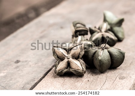 dried capsule seeds fruit of sacha-Inchi peanut on wooden table