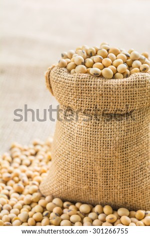 soybeans in sack bags with pile of soybeans on a sackcloth