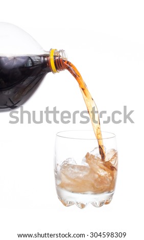 pouring coca cola splash into glass isolated on white background