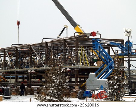 Alberta oil refinery component is assembled in Edmonton for delivery by heavy truck to Fort McMurray, AB. Canada Feb. 2009