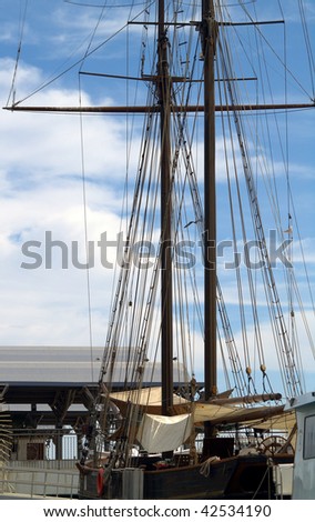 Square rigged ship sits idle at Cabo San Lucas, Baja, California, Mexico