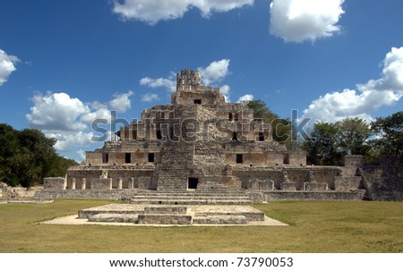 Temple of Five Floors, Edzna Mayan ruins in the southern Yucatan, Campeche, Mexico.  This site with its RiÃÂ­o Bec architecture featuring a crowned  pyramid is missed by most tourists.