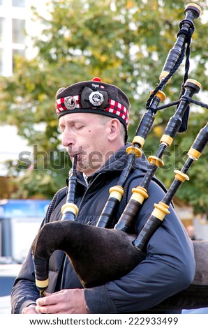 Czech Republic, Prague, October 3, 2014-Scottish bagpiper on Wenceslas Square in Prague
