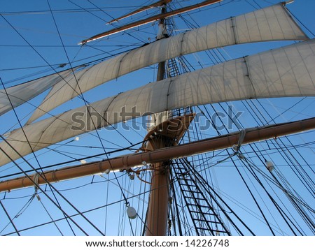 Vintage 19th-century sailing ship mast and sails