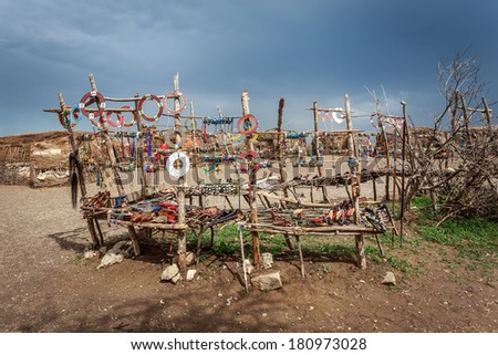 NGORONGORO,TANZANIA - DEC 29, 2013: Traditional handmade accessories made from Masai ,offer good price for tourist who visit Masai village.