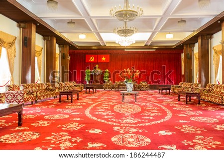 Ho Chi Minh City, Vietnam - April 5 , 2014:  Meeting room at the Reunification Palace, previously the Independence. It was used as headquarters by the South Vietnamese cabinet during the Vietnam War.