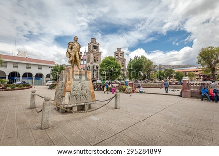 Huaraz, Peru/South America - December 16th 2014: The Monument near Plaza De Armas  in Peruvian city of Huaraz, Centre of Huaraz City.