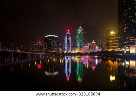 Macao, Macau S.A.R - September 20, 2015:colourful night light in Macau,a lot of casino buildings.Gambling in Macau has been legal since the 1850