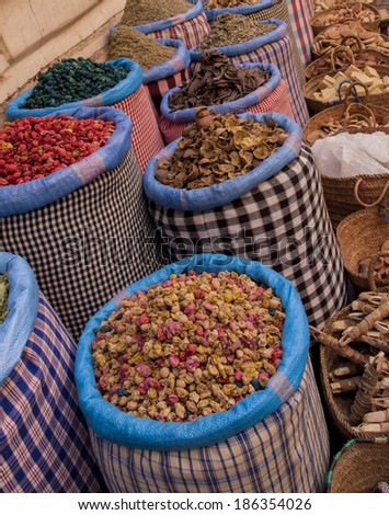 Marrakesh, Morocco - March 23 2014: Moroccan spices in the medina market