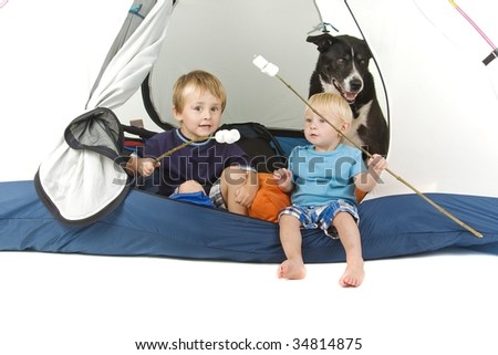 Two boys and dog in tent with marshmallows on sticks - camping or summer holiday theme