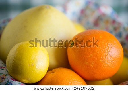 Citrus fruits include pomelo, lime, and orange are mix in a closeup view.