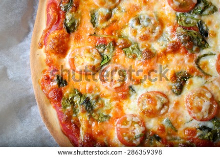 Traditional home made thin crust pizza with spinach, tomato, and mozzarella