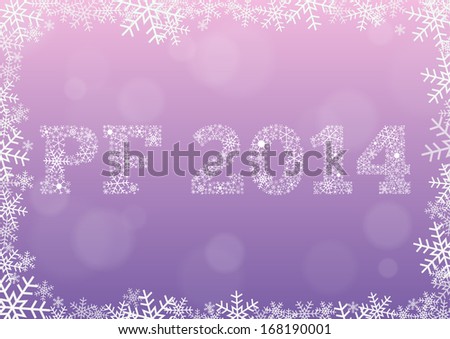 Pink-purple Happy new year 2014 card made of snowflakes with snowflake frame