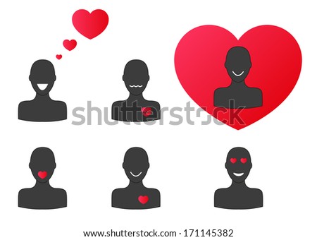 Collection of 6 silhouettes with hearts - during different emotions of love