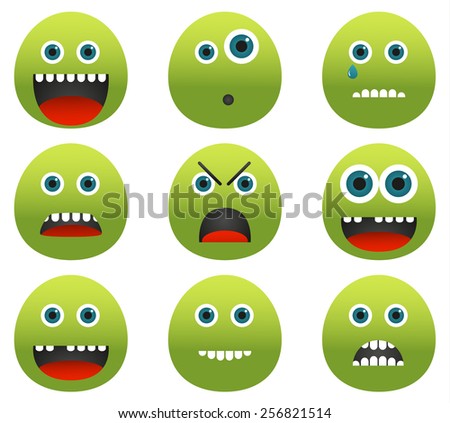 Set of 9 unusual emoticons - green blobs with different emotions (in different mood)