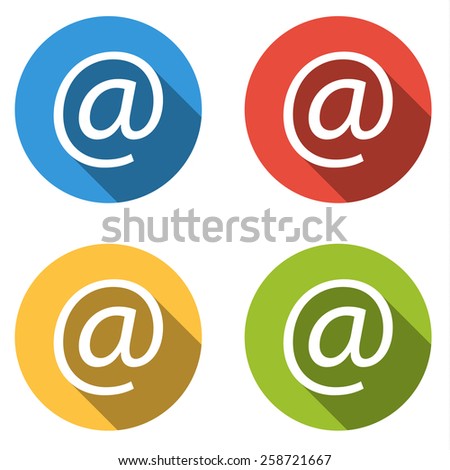 Set of 4 isolated flat colorful buttons for at at-sign with long shadow Set of 4 isolated flat colorful buttons for at at-sign with long shadow
