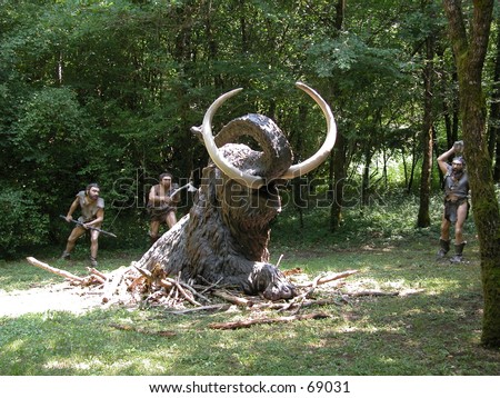 Cro magnon people hunting a mammuth (models in a theme park)