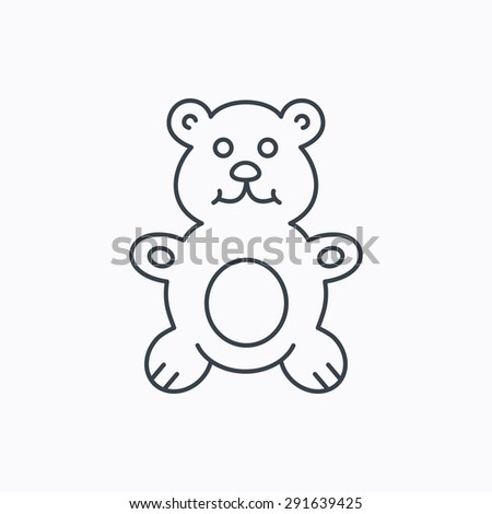 Teddy-bear icon. Baby toy sign. Plush animal symbol. Linear outline icon on white background. Vector
