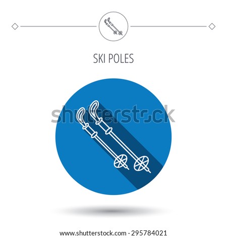 Skiing icon. Ski sticks or poles sign. Winter sport symbol. Blue flat circle button. Linear icon with shadow. Vector