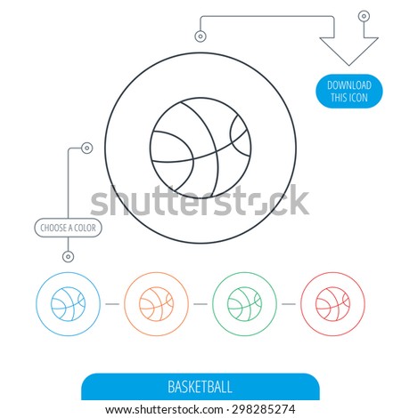 Basketball equipment icon. Sport ball sign. Team game symbol. Line circle buttons. Download arrow symbol. Vector