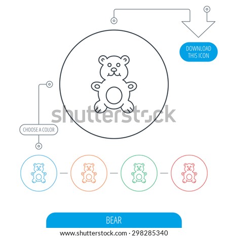 Teddy-bear icon. Baby toy sign. Plush animal symbol. Line circle buttons. Download arrow symbol. Vector