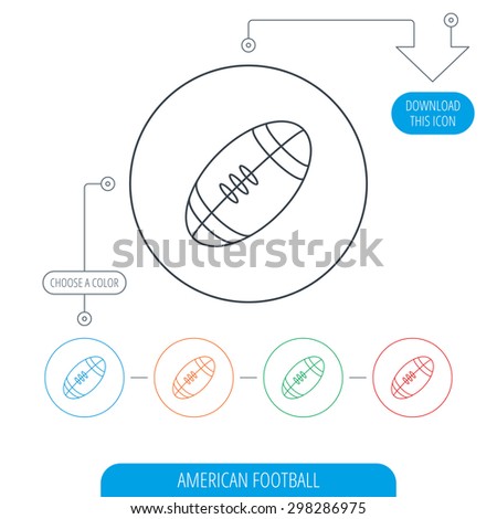 American football icon. Sport ball sign. Team game symbol. Line circle buttons. Download arrow symbol. Vector