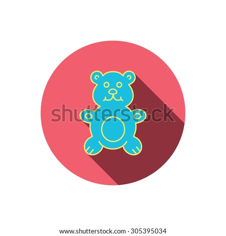 Teddy-bear icon. Baby toy sign. Plush animal symbol. Red flat circle button. Linear icon with shadow. Vector