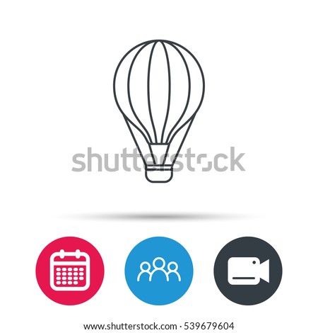 Air balloon icon. Fly transport sign. Airship travel symbol. Group of people, video cam and calendar icons. Vector