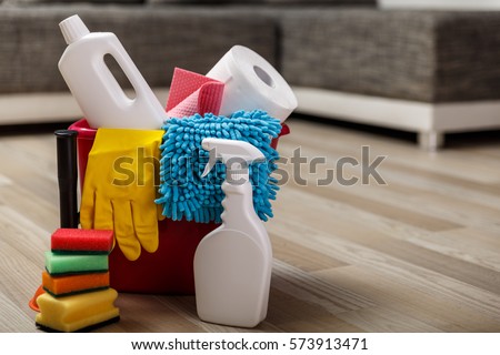 Cleaning service. Bucket with sponges, chemicals bottles and plunger. Rubber gloves and paper towel. Household equipment.