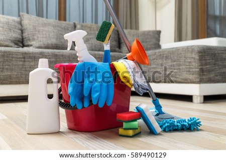Cleaning service. Bucket with sponges, chemicals bottles and mopping stick. Rubber gloves, plunger and towel. Household equipment.