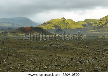 Majestic volcanic landscape covered with moss in Iceland highlands
