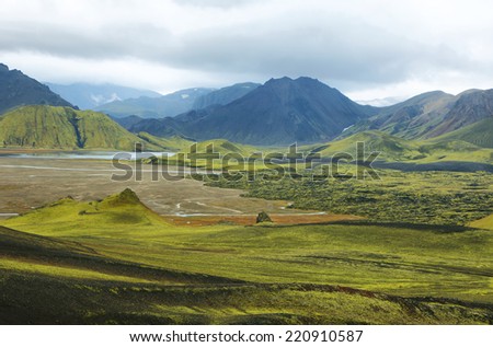 Majestic volcanic landscape covered with moss in Iceland highlands
