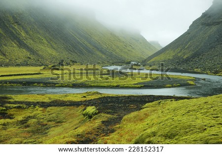 Eldgja canyon covered with moss in Iceland highlands
