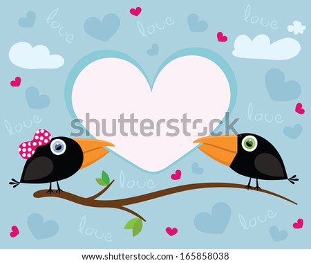 Cute crow couple holding heart tag on the tree branch