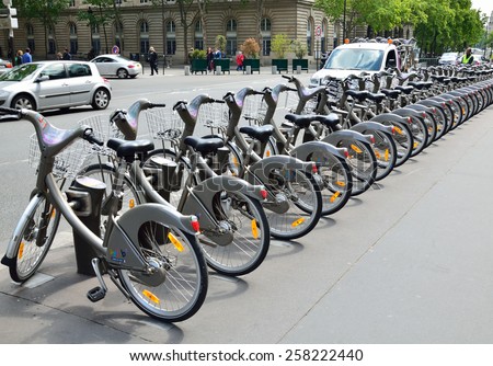 PARIS, FRANCE - MAY 03 2014: This is a large-scale public bicycle sharing system in PARIS, FRANCE - MAY 03 2014.