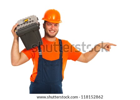 Happy worker man with box on shoulder indicate to copy space isolated on white background