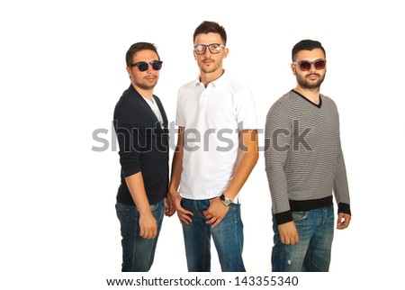 Casual group of guys with serious faces isolated on white background